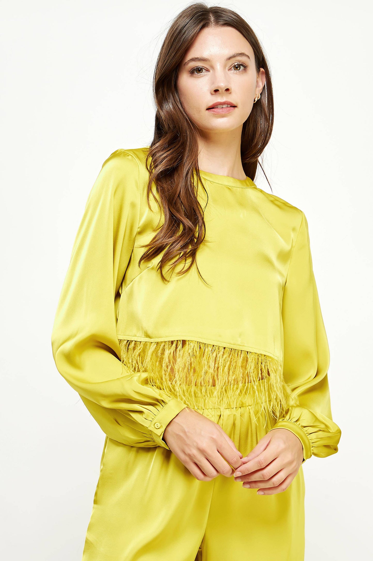 Feather Trim Long Sleeve Satin Top