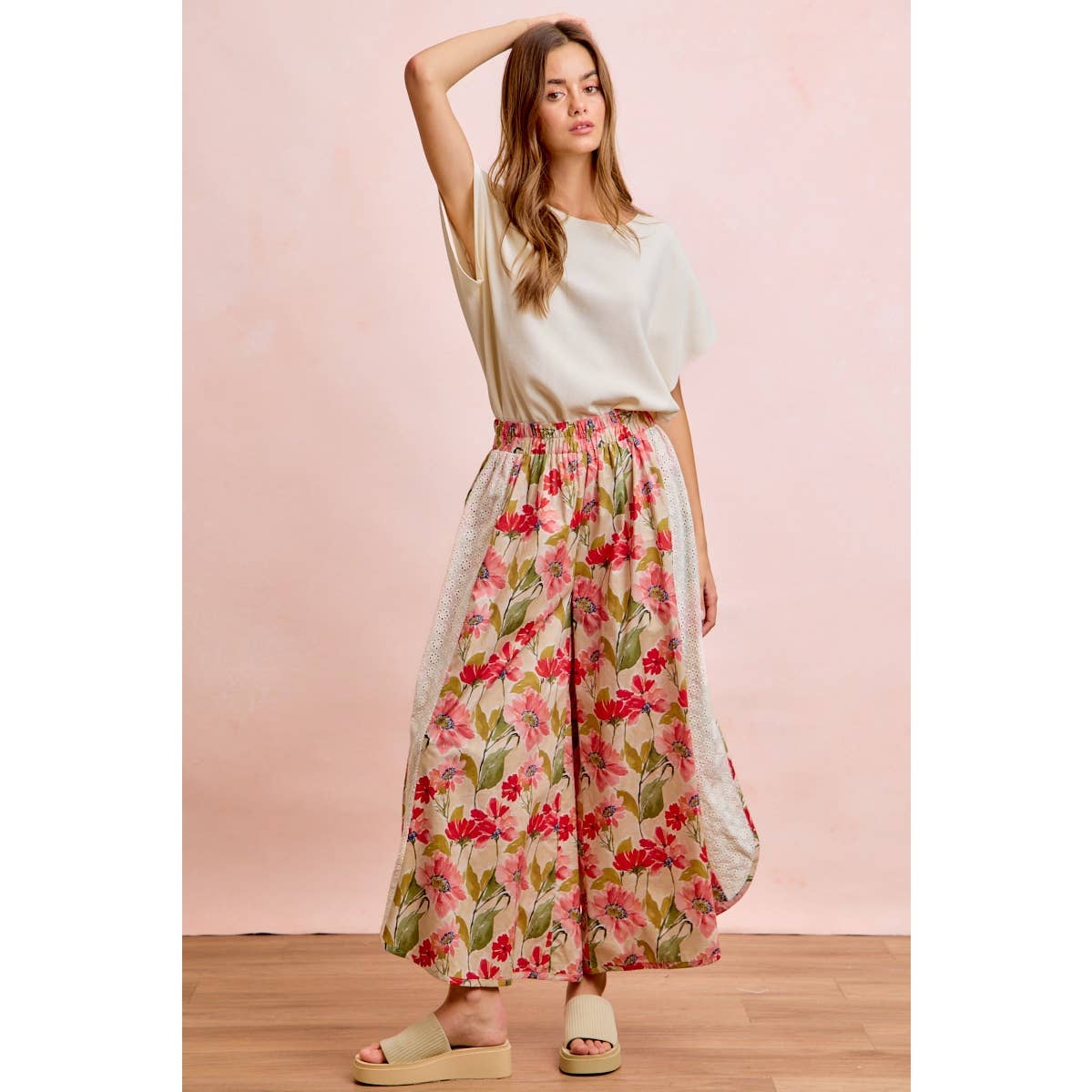 Floral Eyelet Side Elastic Waist Wide Leg Pants