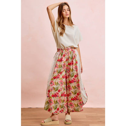 Floral Eyelet Side Elastic Waist Wide Leg Pants