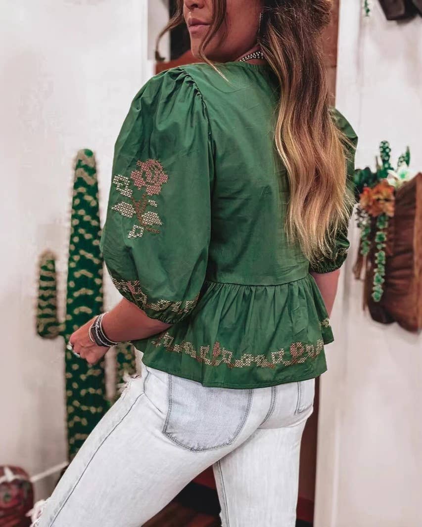 Retro Boho Floral Embroidery Tie Front Top