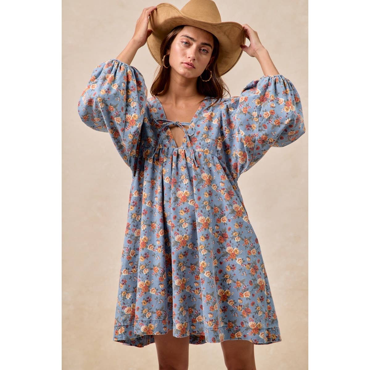 Washed Floral Denim Front Tied Dress
