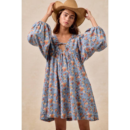 Washed Floral Denim Front Tied Dress