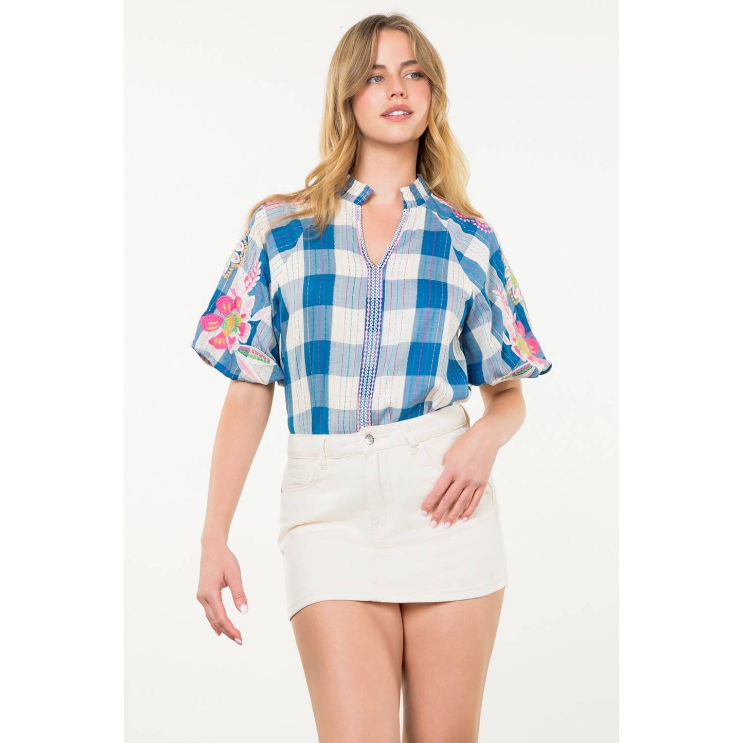 Embroidered Puff Sleeve Plaid Top