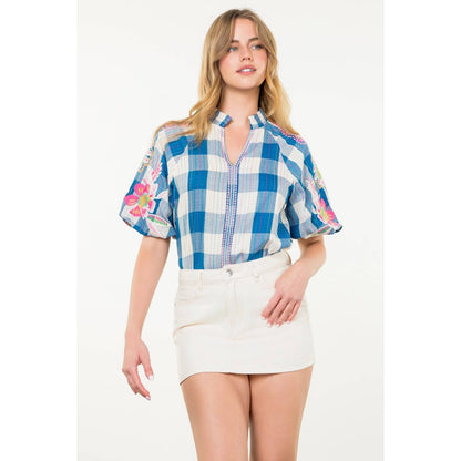 Embroidered Puff Sleeve Plaid Top