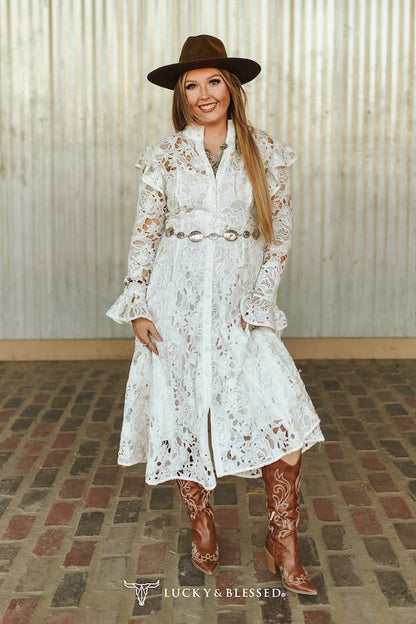 White Crochet Ruffle Lined Button Down Long Sleeve Dress