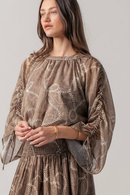 Rope Print Ruched Sleeve Blouse & Smocked Waist Skirt Set