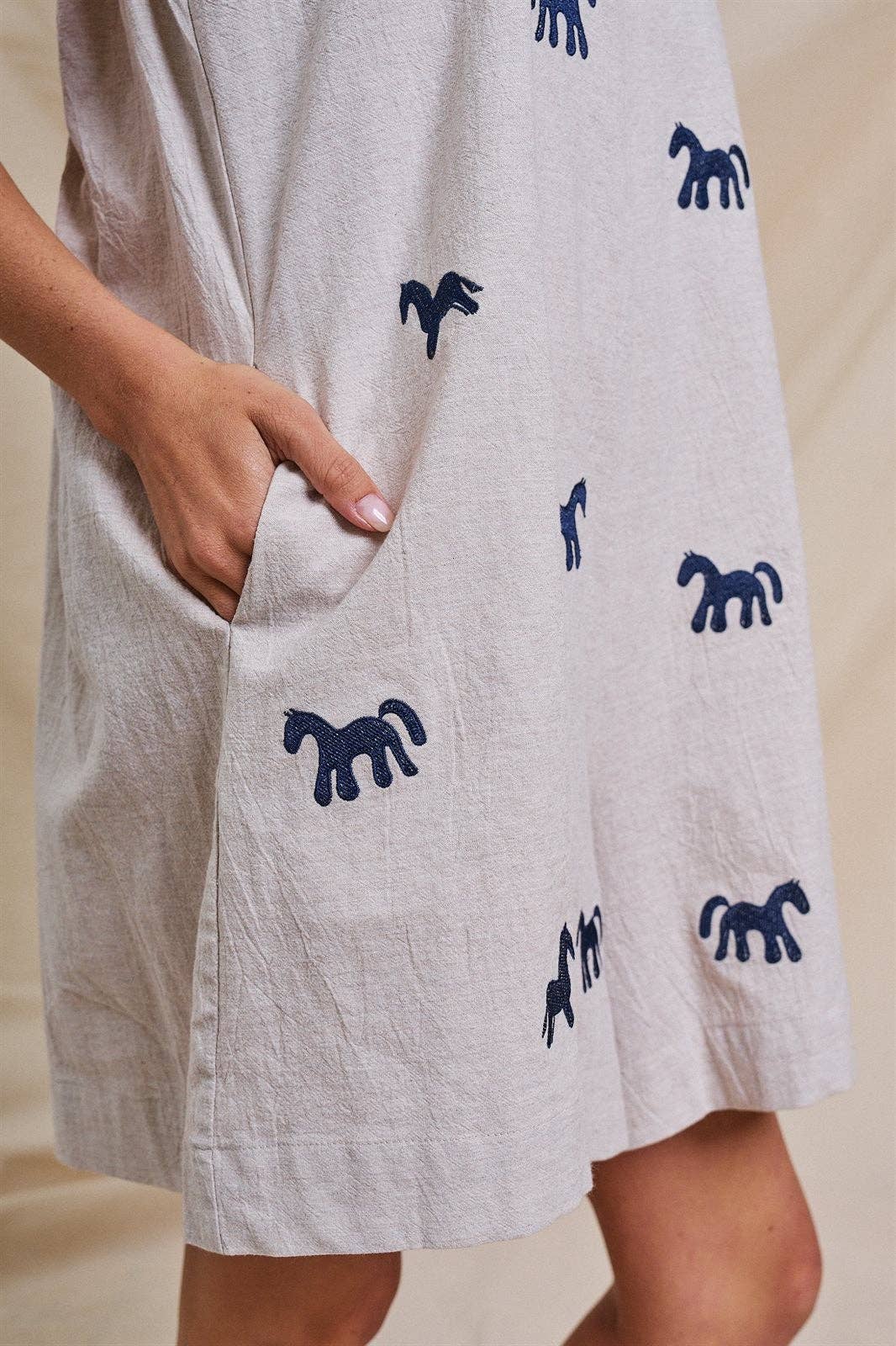 Embroidered Pony Cotton Linen Sleeveless Romper