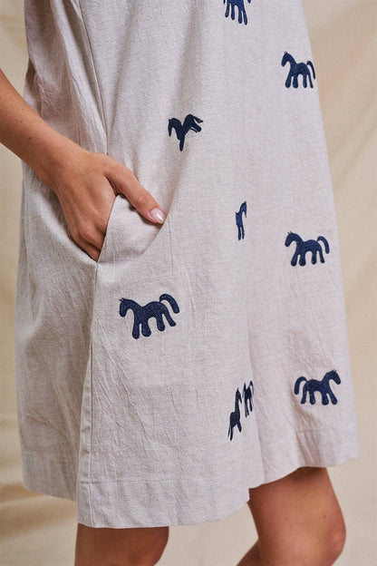 Embroidered Pony Cotton Linen Sleeveless Romper