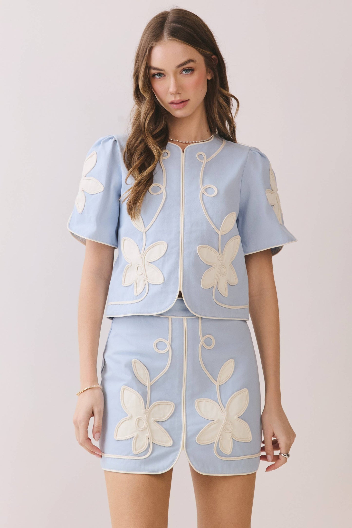 Floral Appliqué Short Puff Sleeve Structured Top & Front Slit Mini Skirt Set