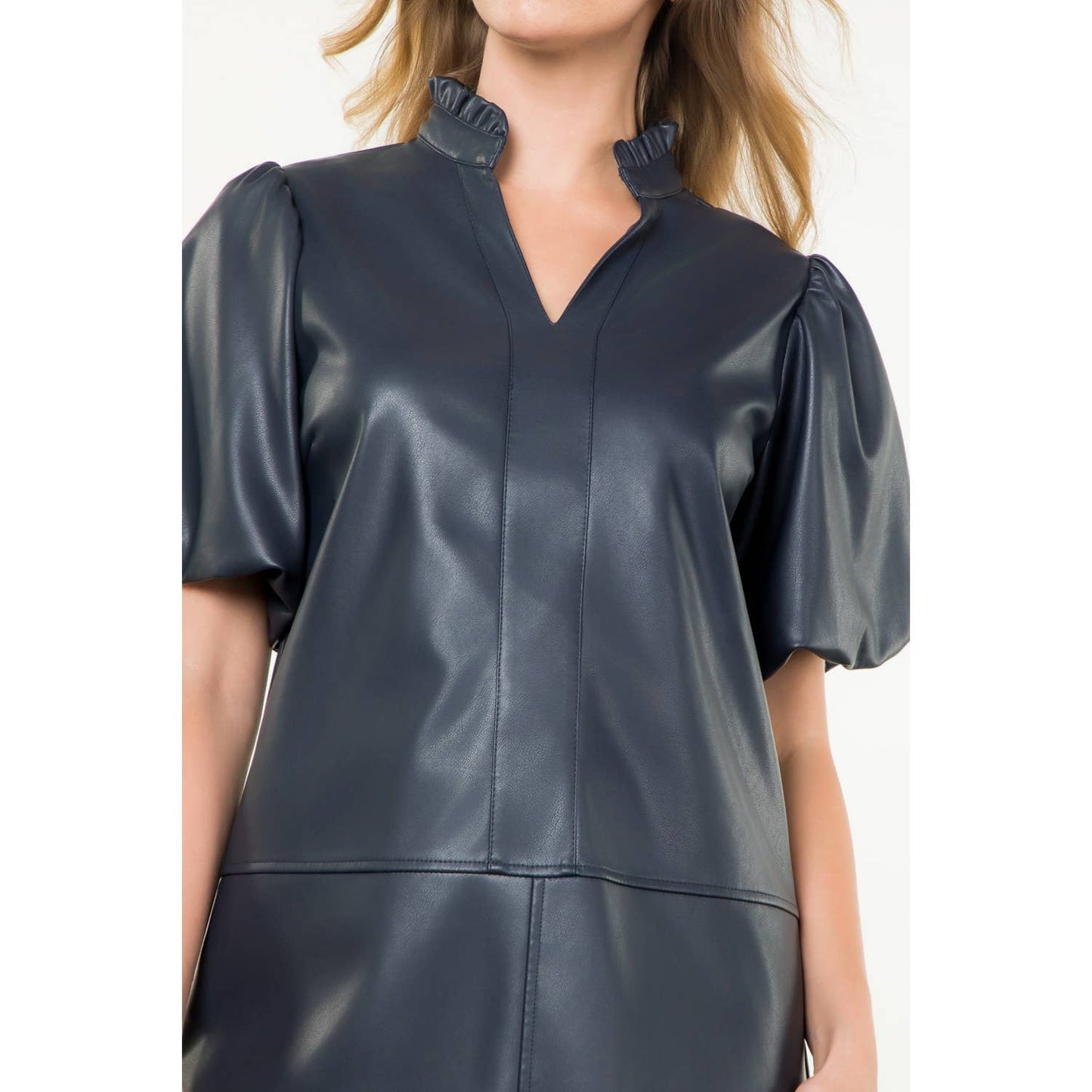 THML Navy Puff Sleeve Leather Dress