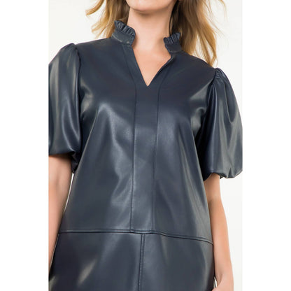 THML Navy Puff Sleeve Leather Dress