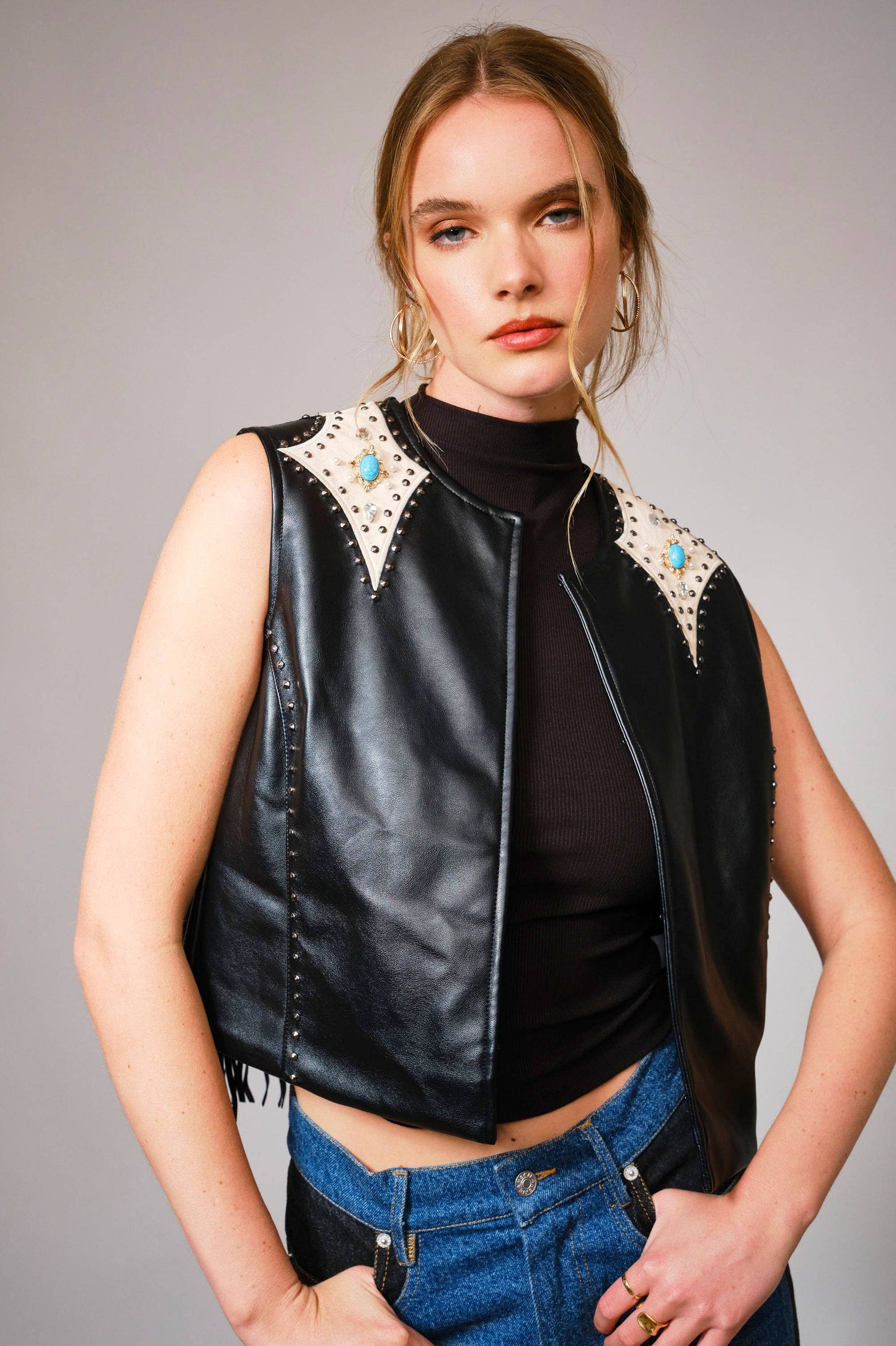 Faux Leather Fringe Studded Western Vest
