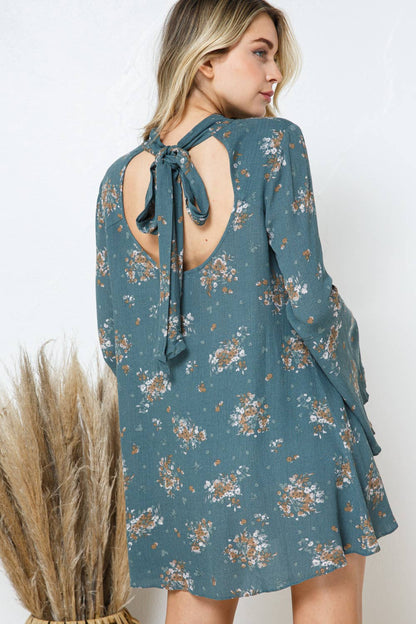 Floral Bell Mock Neck Back Open Tie Neck Mini Dress