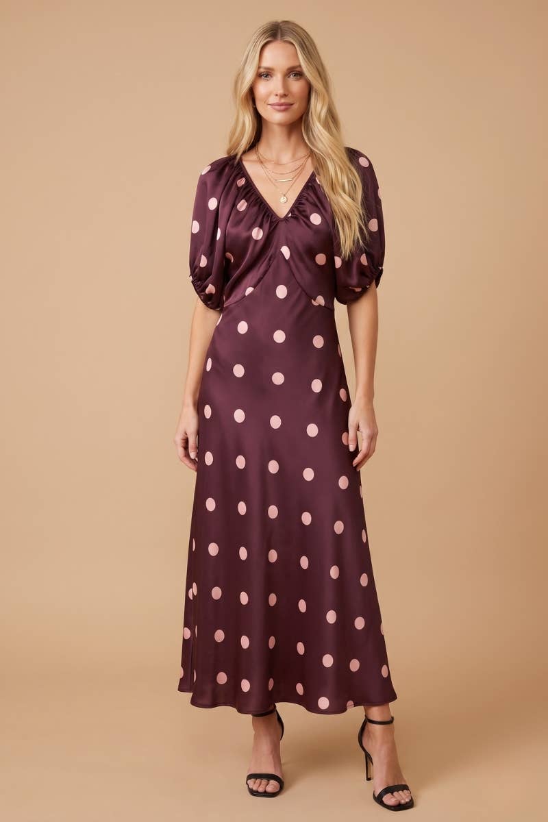 J.NNA Satin Polka-Dot V Neck Maxi Dress
