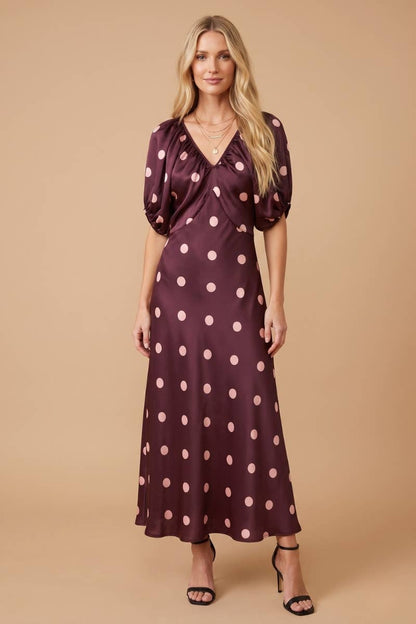J.NNA Satin Polka-Dot V Neck Maxi Dress