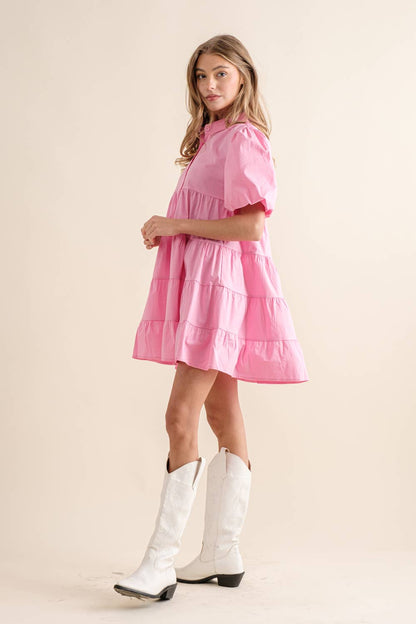 Button Up Tiered Puff Sleeve Shirt Dress