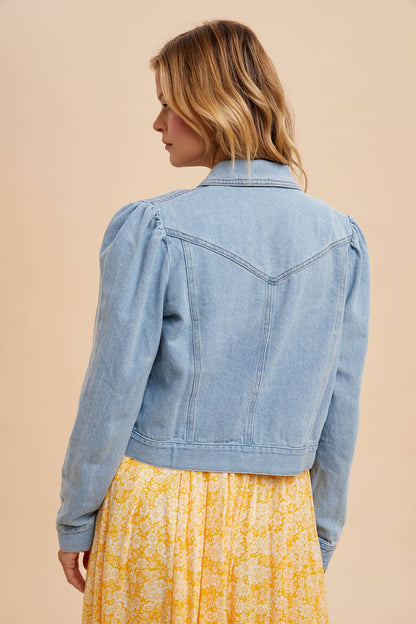 Shirred Sleeve Cropped Demin Jacket