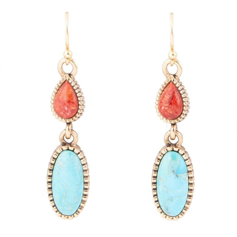 Barse Blue Turquoise and Red Coral Golden Drop Earrings