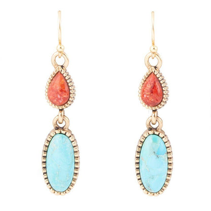 Barse Blue Turquoise and Red Coral Golden Drop Earrings