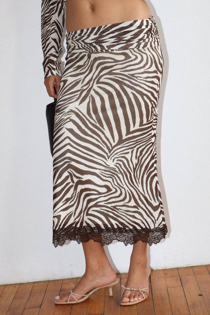 Zebra Print Midi Lace Trim Skirt
