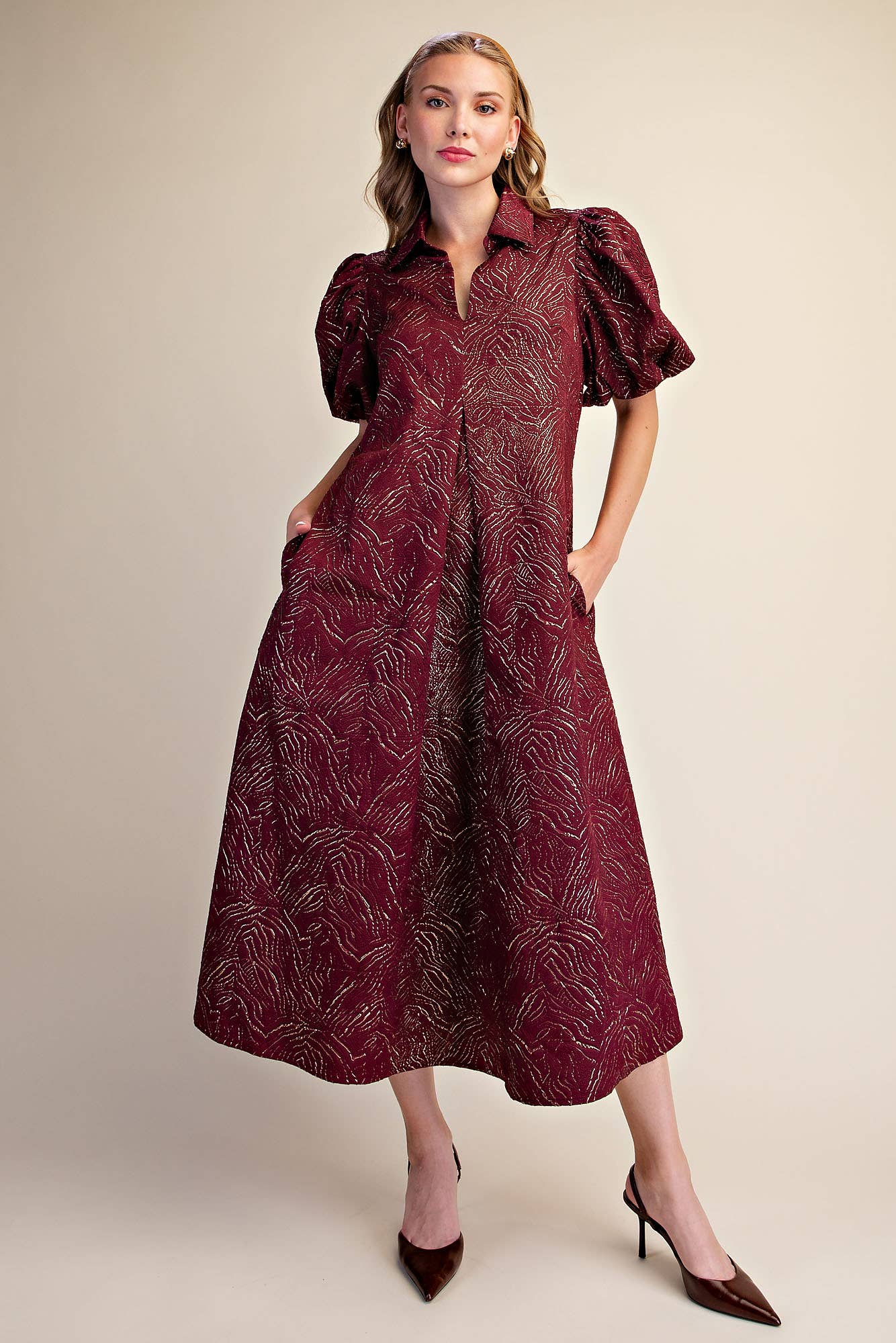 Puff Sleeve Pleated Lurex Midi Dress