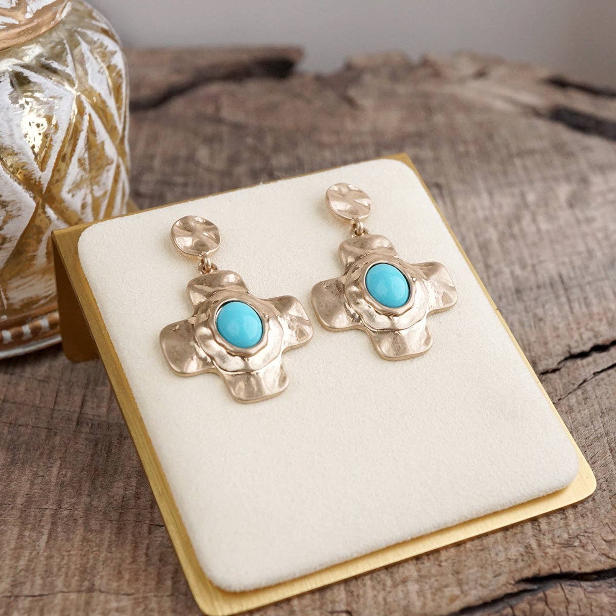 PennyLine Inc. Sunlit Cross – Hammered Cabochon Earrings