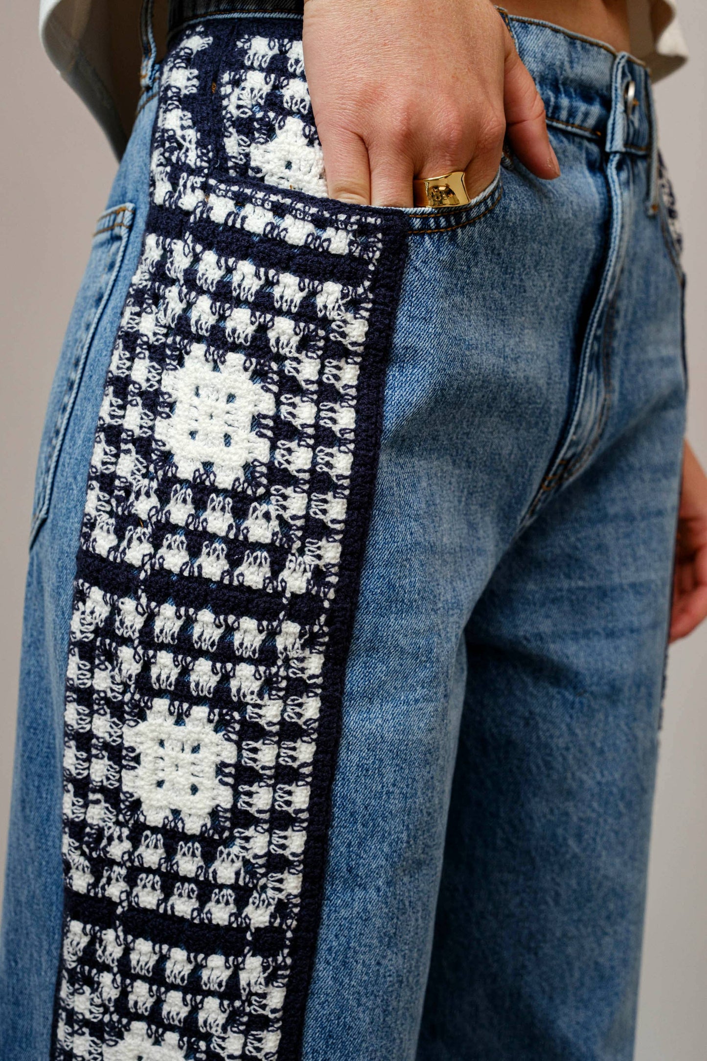 Garment Washed Side Crochet Denim Jeans