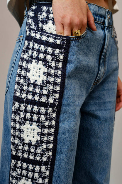 Garment Washed Side Crochet Denim Jeans