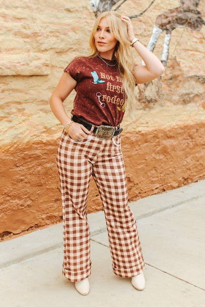  LUCKY & BLESSED Brown Plaid Western Arrow Pocket Jeans