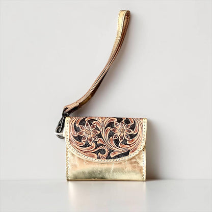 Gold Tooled Leather Wristlet Wallet