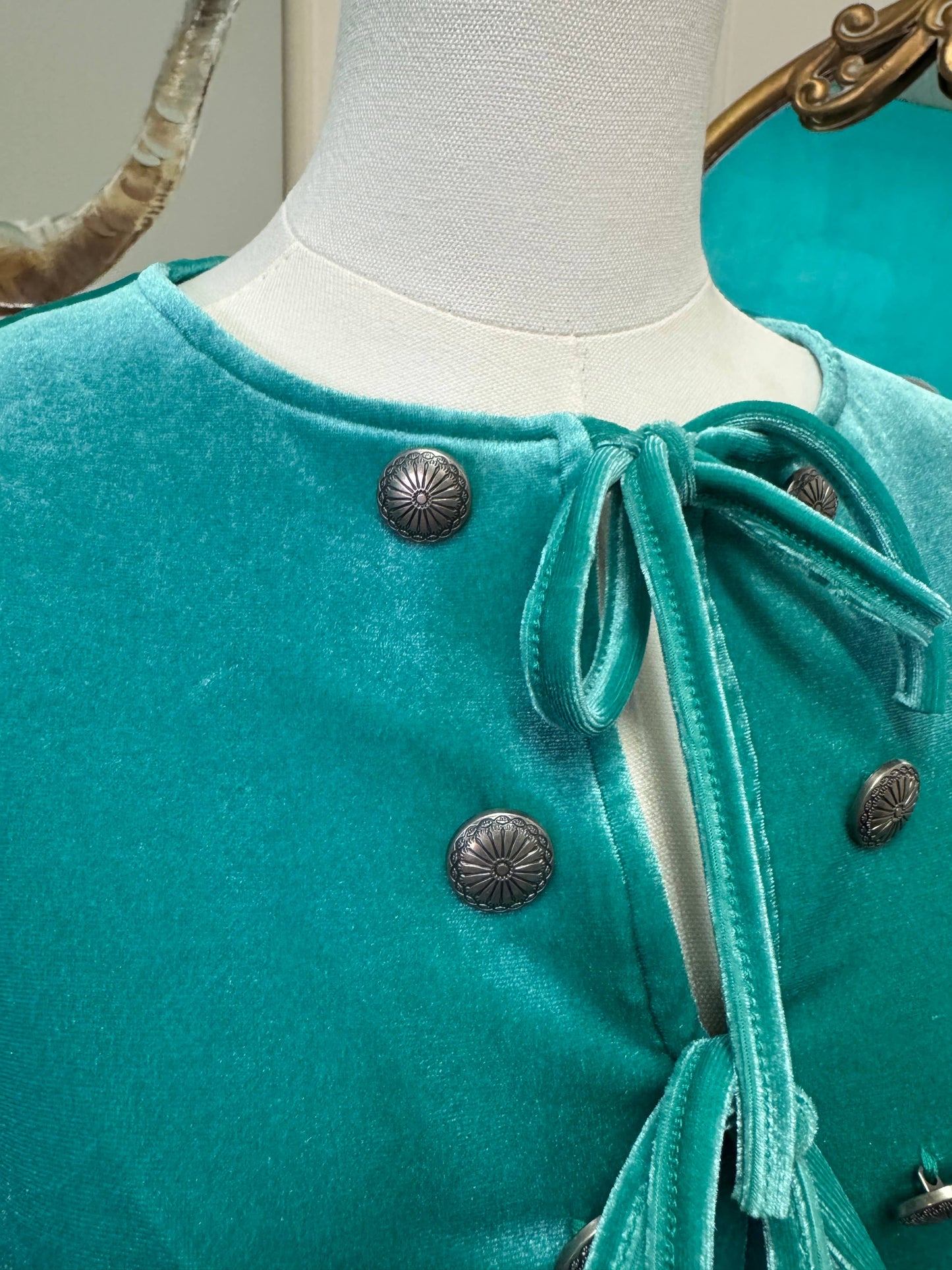 Turquoise Velvet Long Sleeve Peplum Top