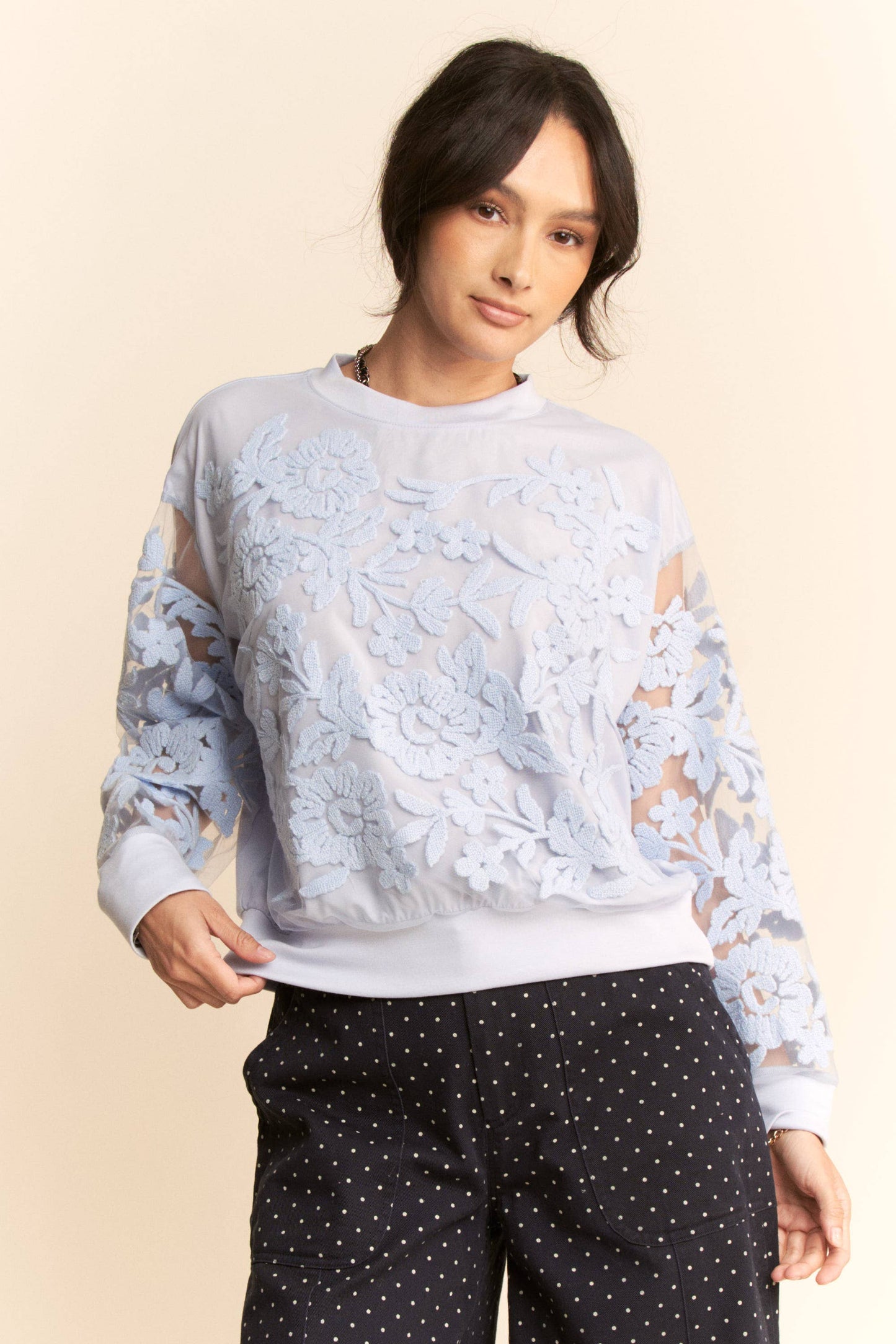 Sheer Floral Embroidered Sweatshirt
