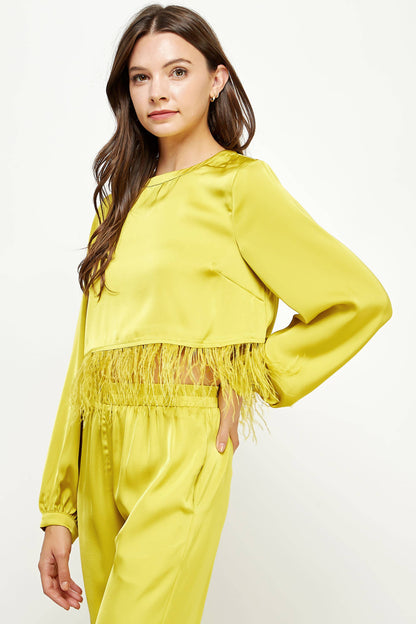 Feather Trim Long Sleeve Satin Top
