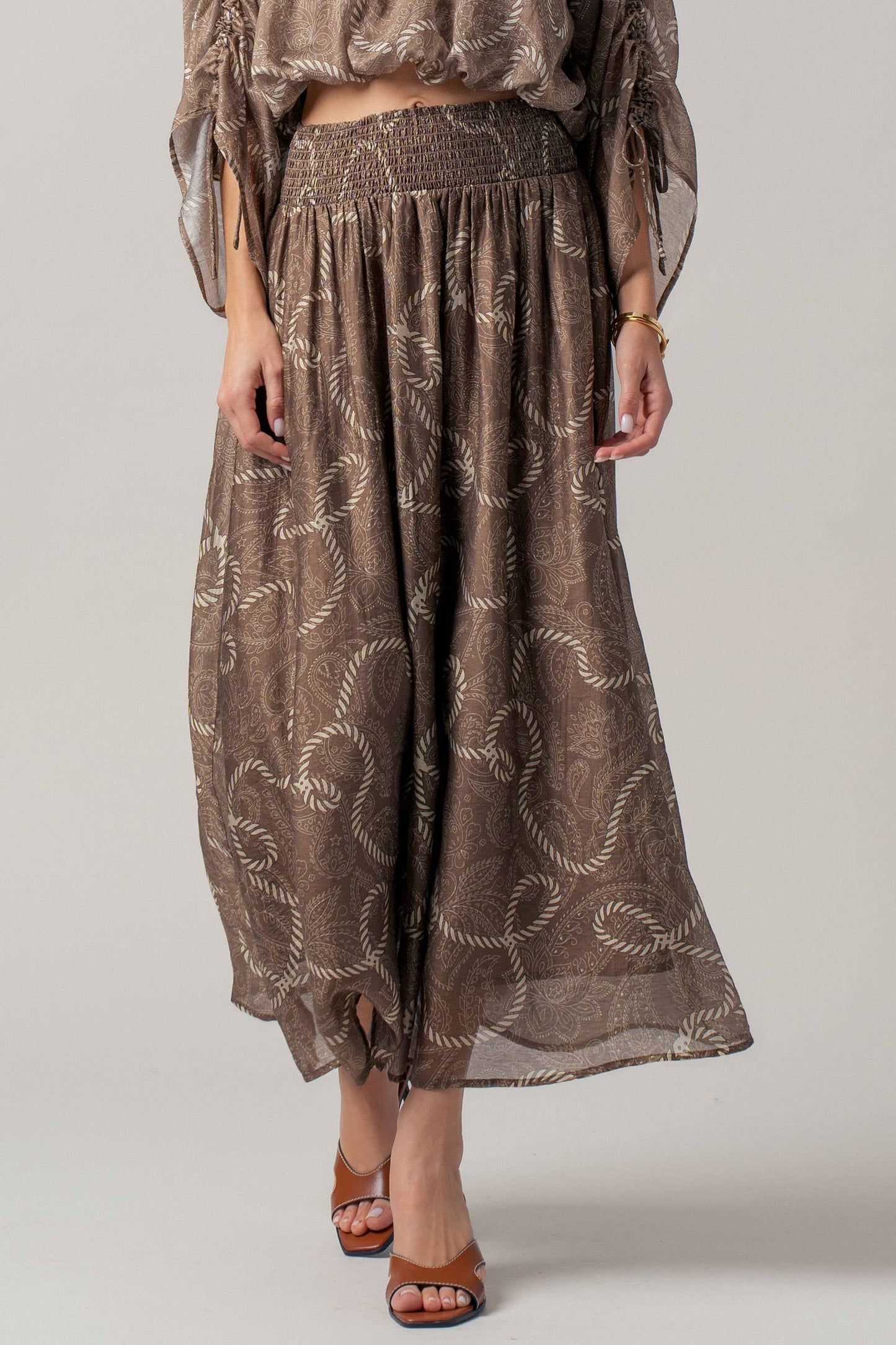 Rope Print Ruched Sleeve Blouse & Smocked Waist Skirt Set