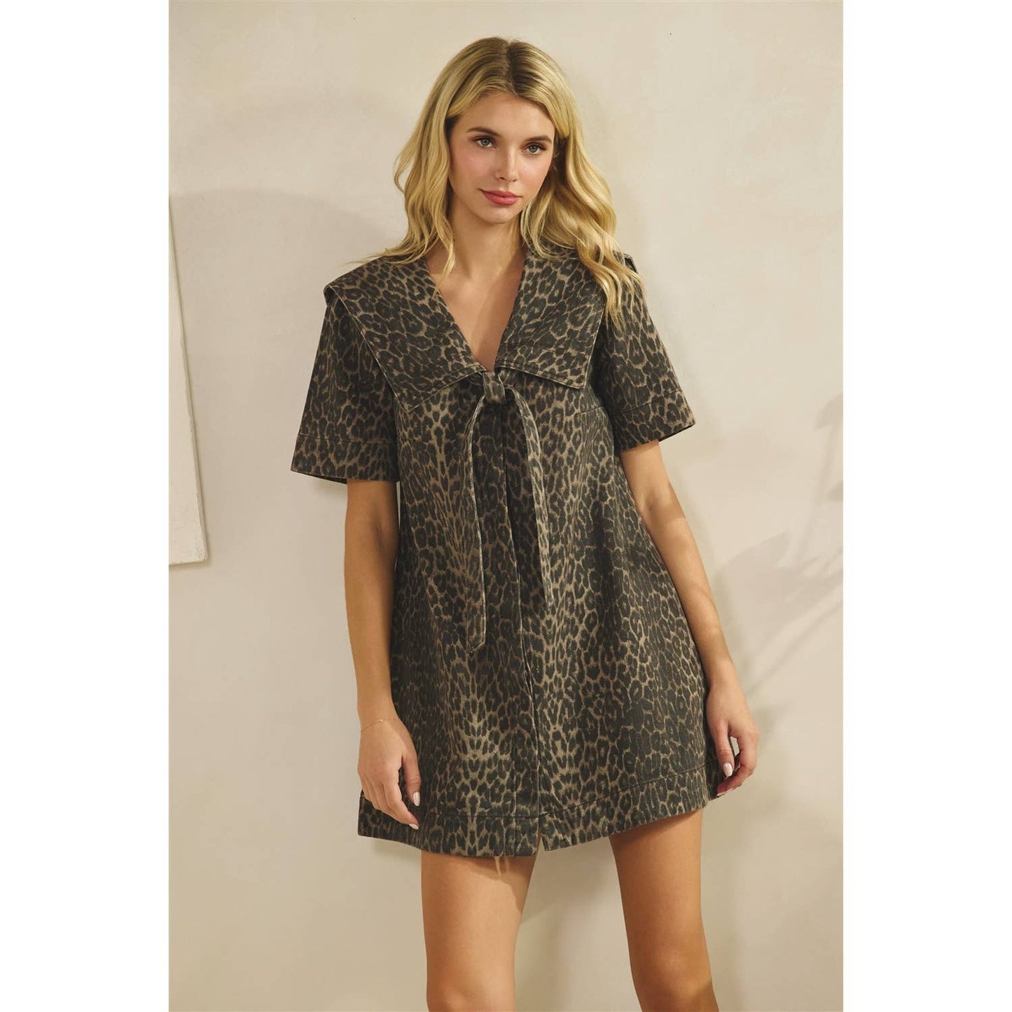 Collared Leopard Printed Denim Mini Dress