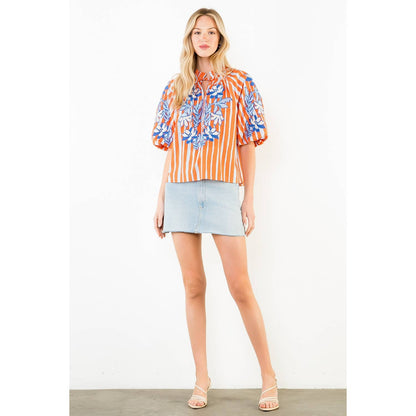 Puff Sleeve Embroidery Detail Striped Top