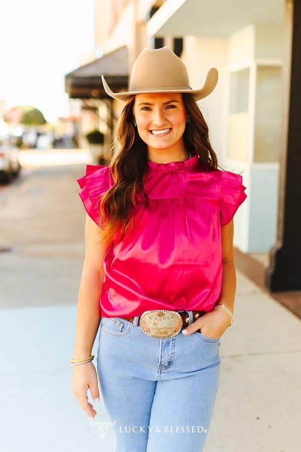 Pink Satin Pleated Ruffle Sleeveless Top