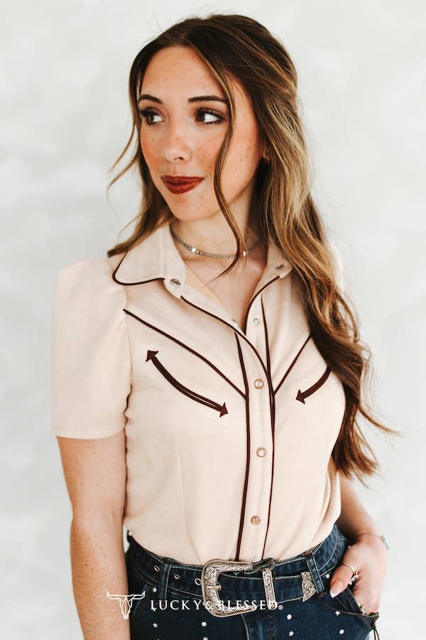 Beige Suede Contrast Arrow Pearl Snap Puff Sleeve Top