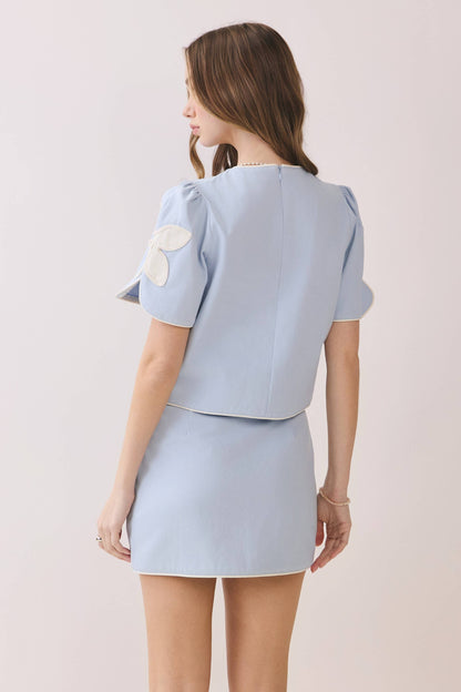 Floral Appliqué Short Puff Sleeve Structured Top & Front Slit Mini Skirt Set