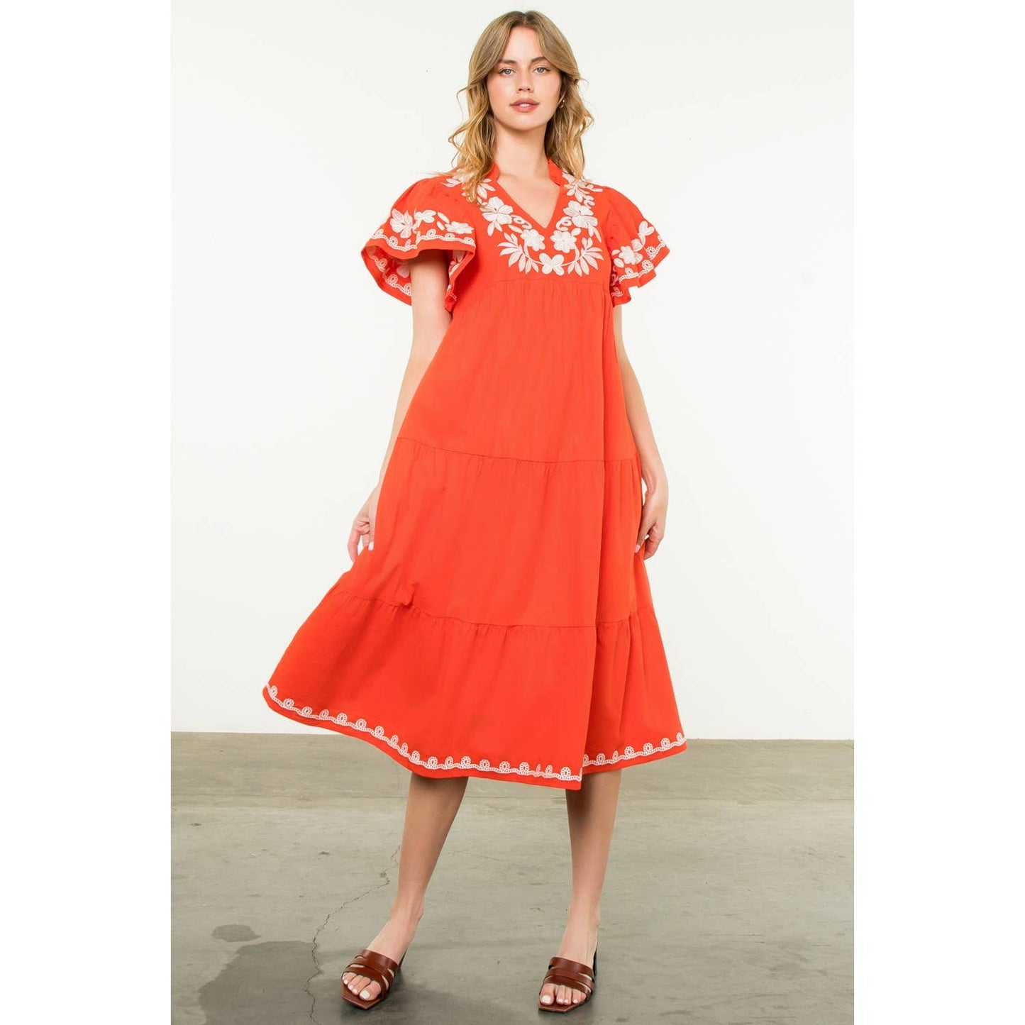 Flutter Sleeve Embroidered Dress