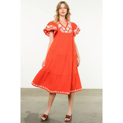 Flutter Sleeve Embroidered Dress
