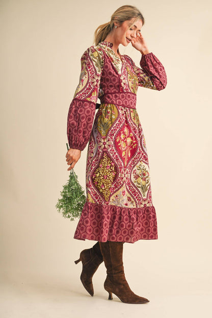 Mixed Floral Print Midi Dress