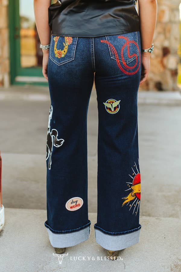 Dark Wash Rodeo Patch Cuffed Wide Leg Jeans