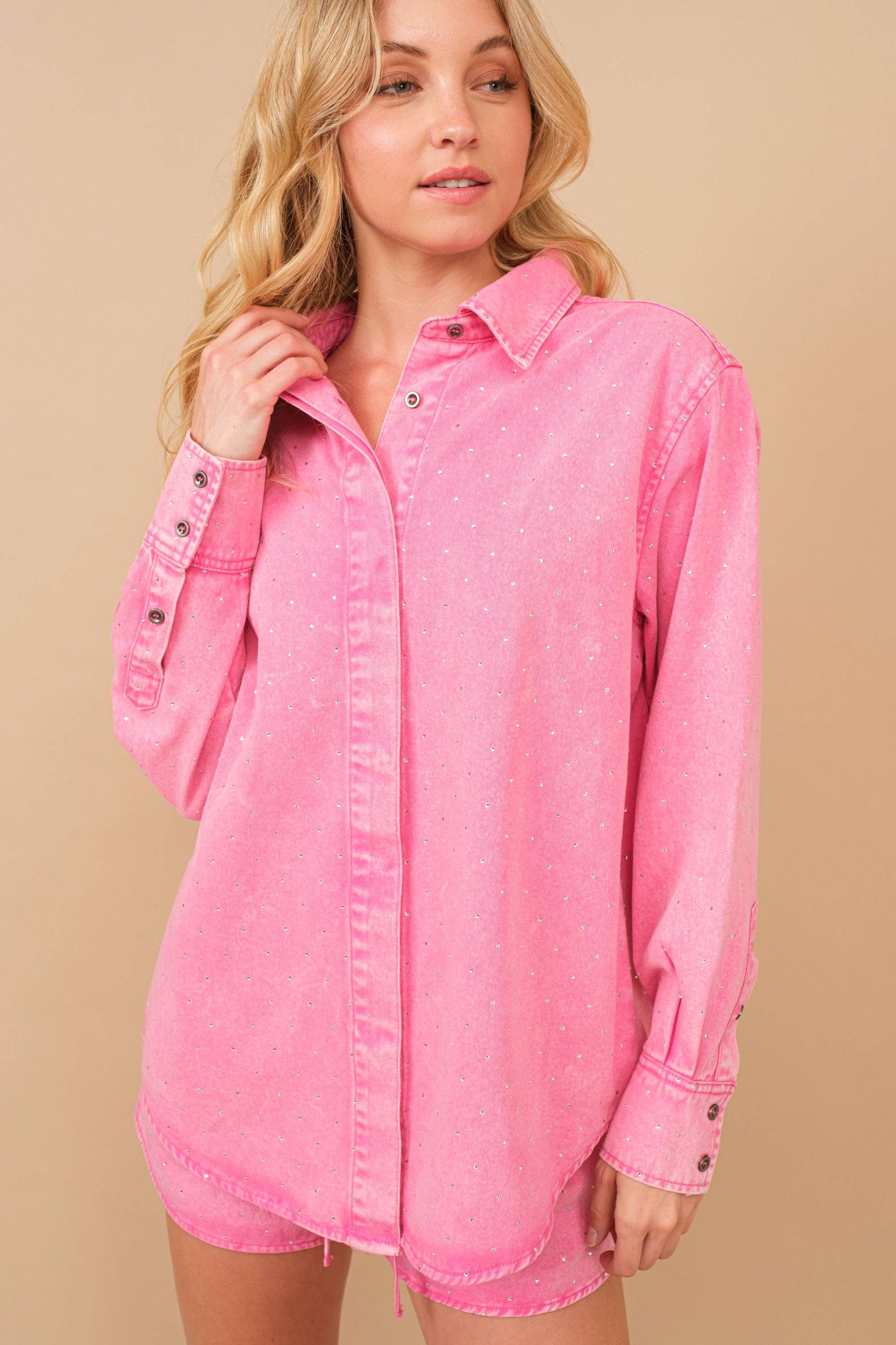 Washed Studded Twill Button Up Shirt Blouse