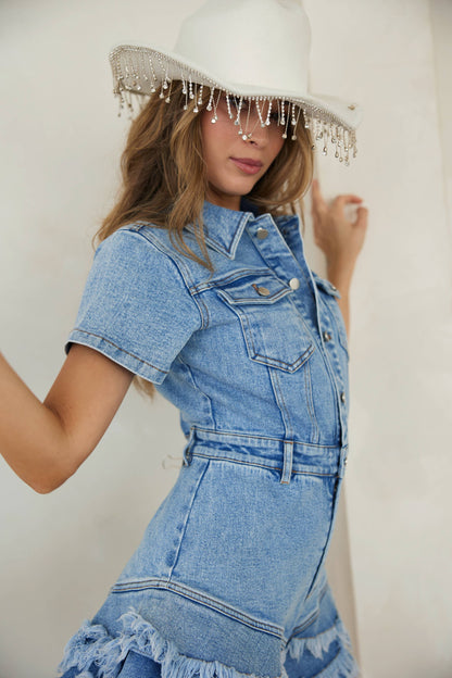Denim Button Down Frayed Hem Romper