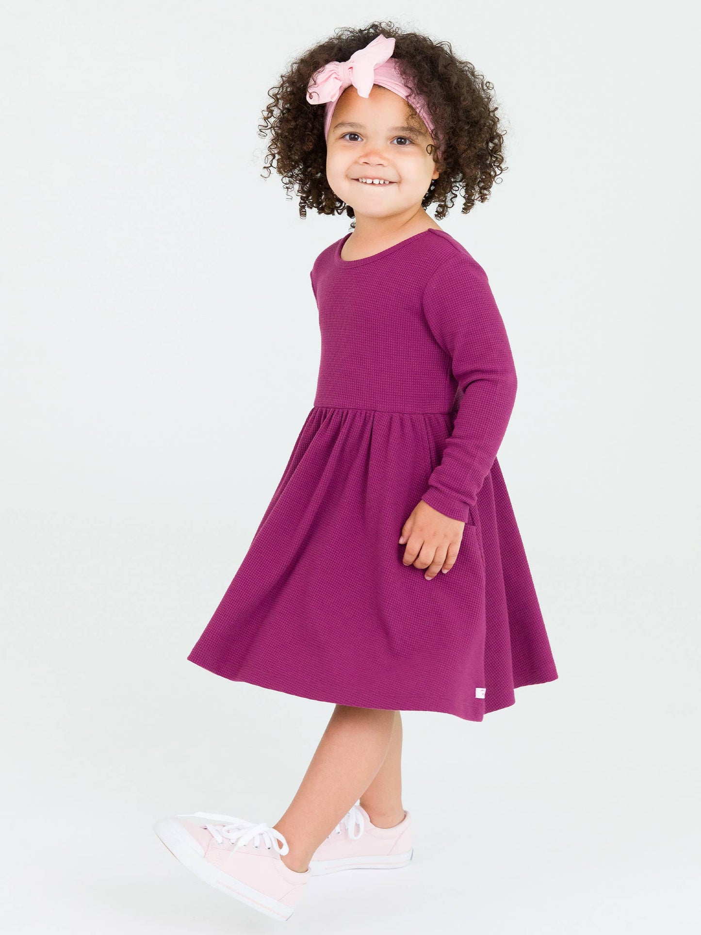 Girls Purple Waffle Knit Long Sleeve Dress