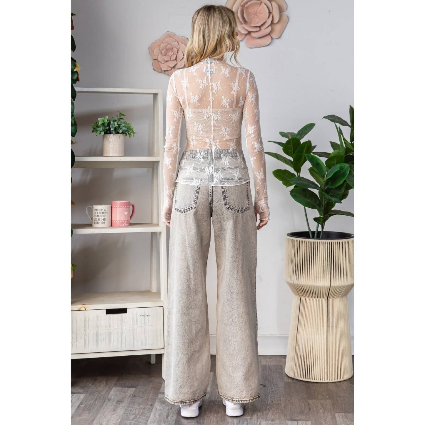 Lace Long Sleeve See Through Polka Dot Top