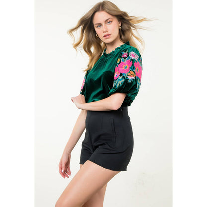 Velvet Embroidered Detail Puff Sleeve Top