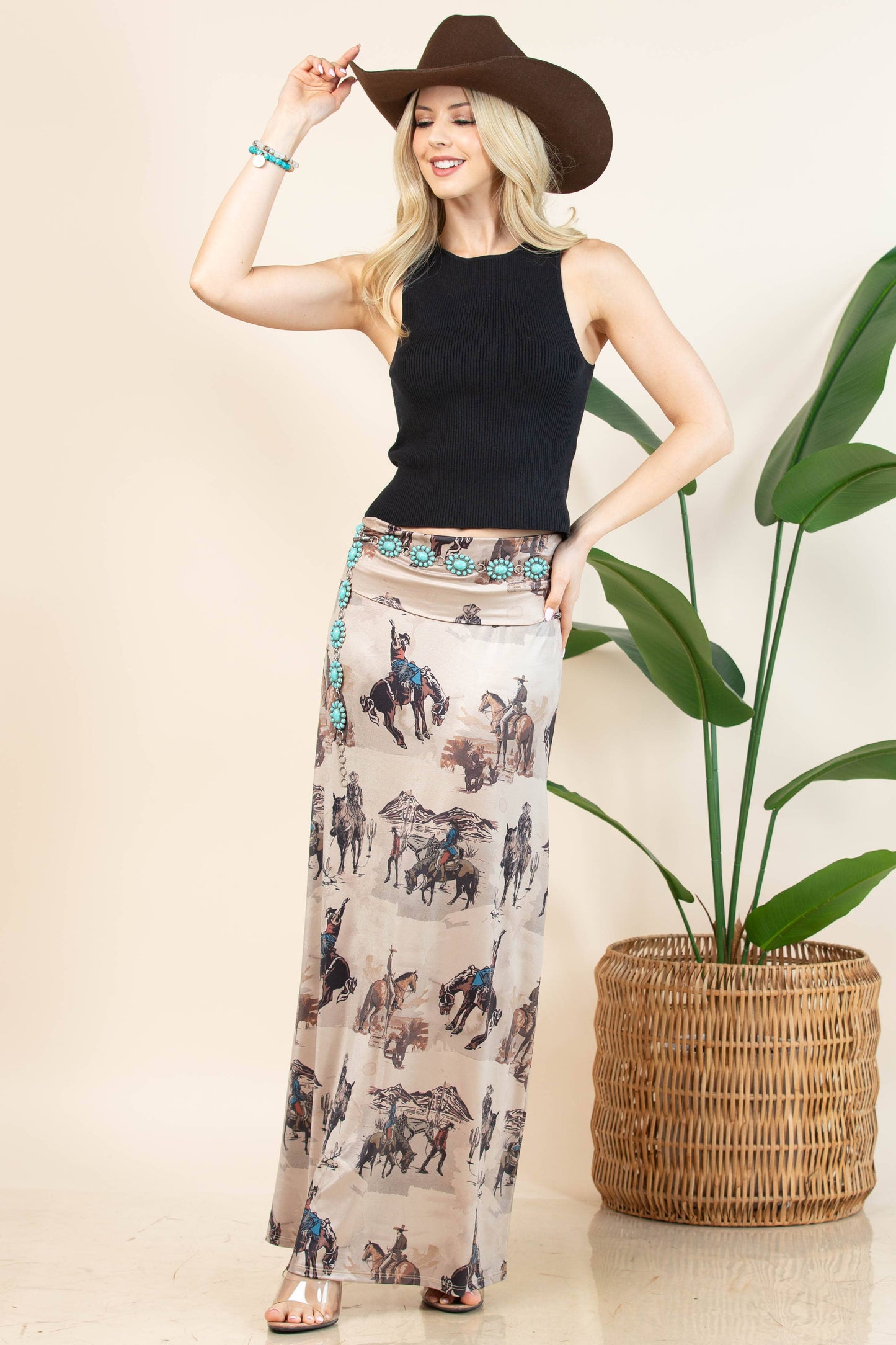 Anina Western Cowboy Print A-Line Full Knit Skirt