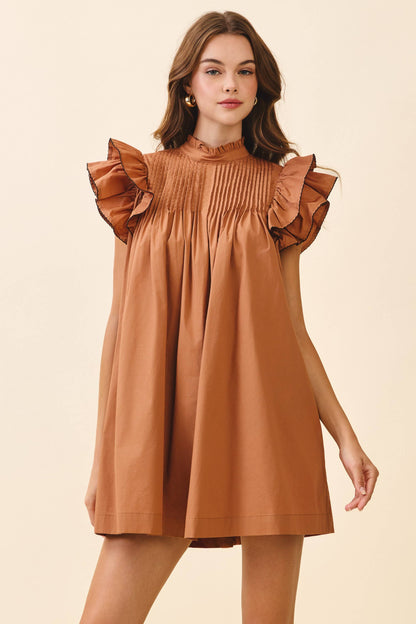 TCEC Back Button Down High Neck Babydoll Mini Dress